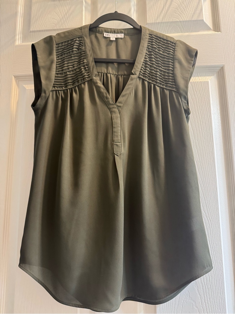 DR2 Olive Green Pintuck V-Neck Cap Sleeve Blouse